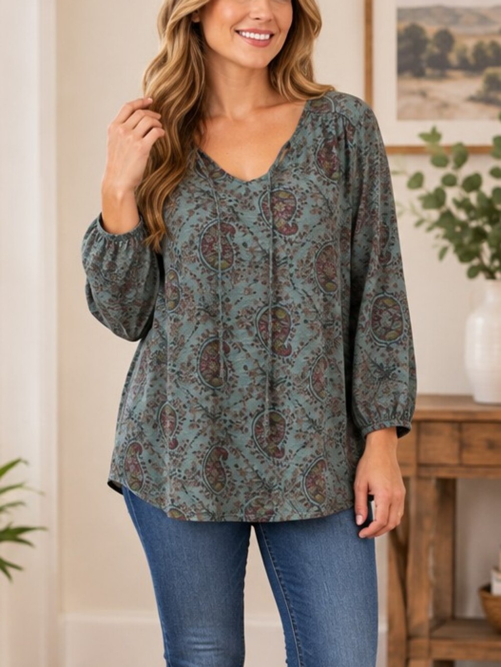 0St. John's Bay Teal Paisley V-Neck 7/8 Sleeve Blouse Size Medium
